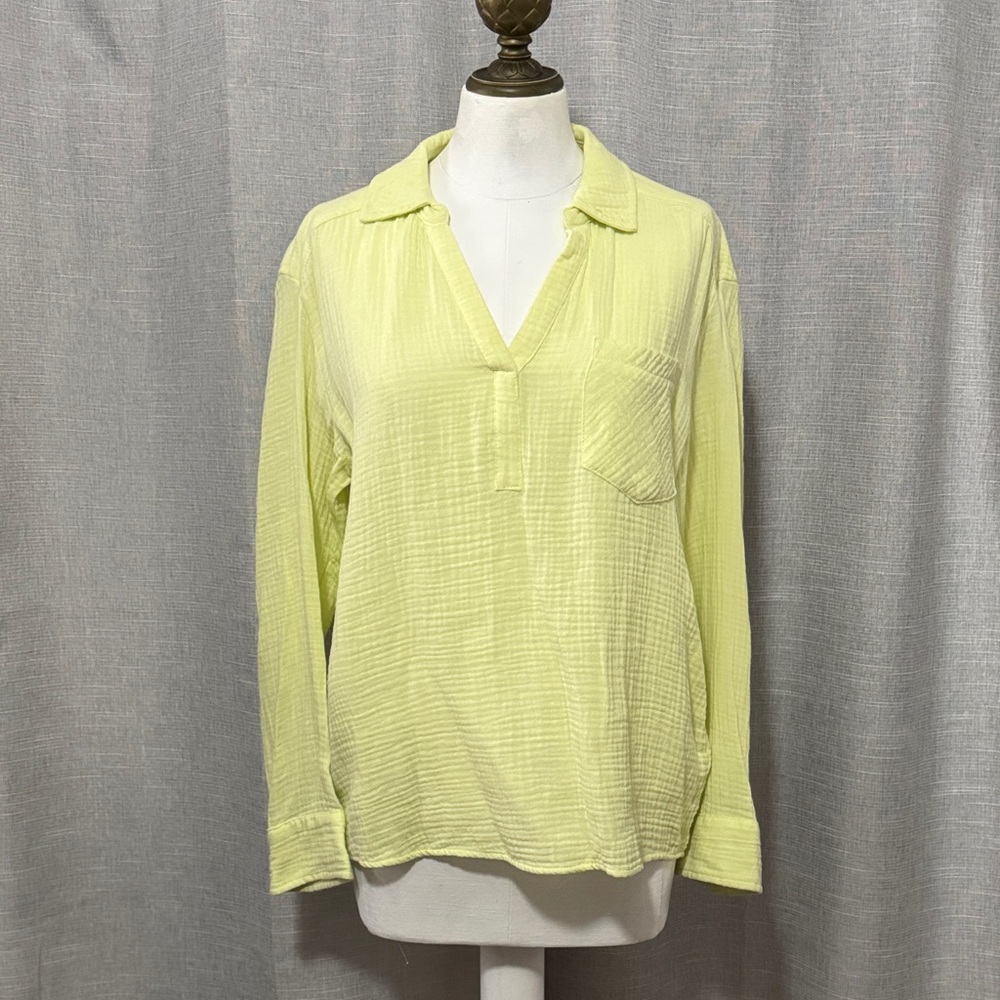 CeCe brand 100% Cotton PopOver Top-Sz M-Light Key Lime Color-Textured-EUC